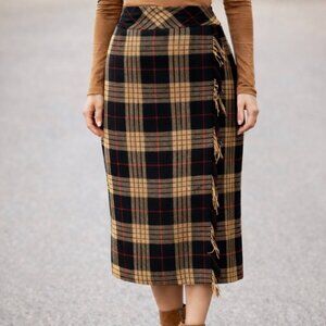 Vintage Nouveaux women's faux wrap kilt skirt midi plaid creme black sz 8p